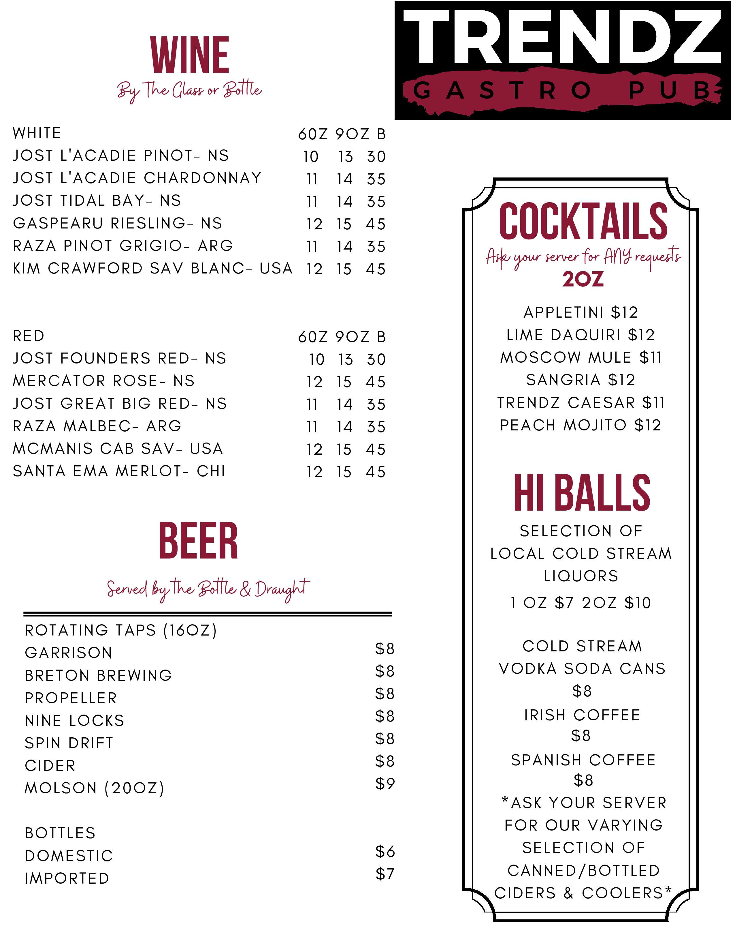 trendz drink menu 2023